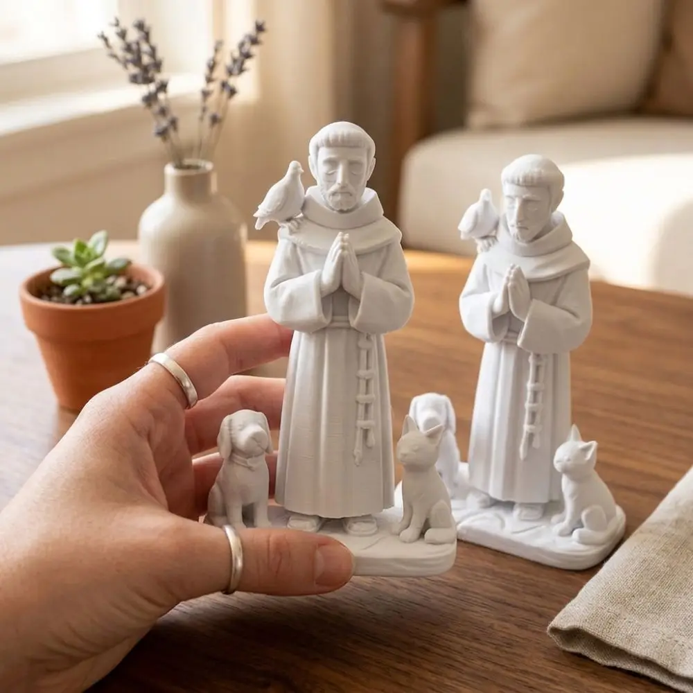 3D Printed Saint Francis Statue Animal Companion Praying Hand Pose Religious Saint Figurine Catholic Theme Sacred