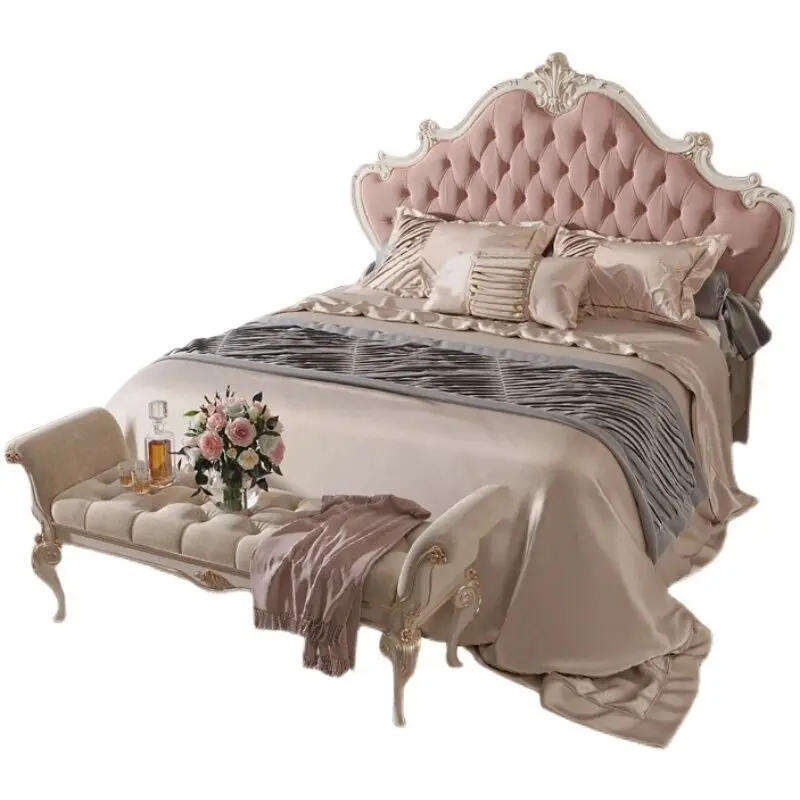 

Nordic Rococo style light luxury 1.8 meters solid wood double bed combination, European-style simple villa luxury carved bed