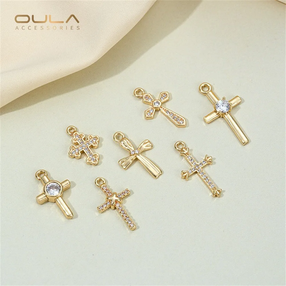 

1PCS 14K Genuine Gold Cross Pendant, Set with Zircon, Handcrafted Diy Bracelet, Earrings and Accessories