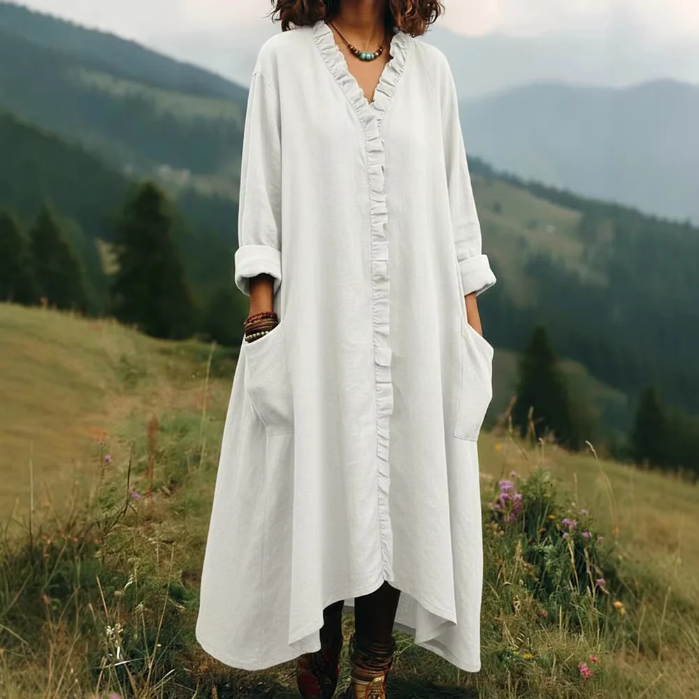 

2026 Independent Station Cross-Border Foreign Trade Fashionable Loose Spring-Summer Cotton Linen Ruffled Hem Long Dress