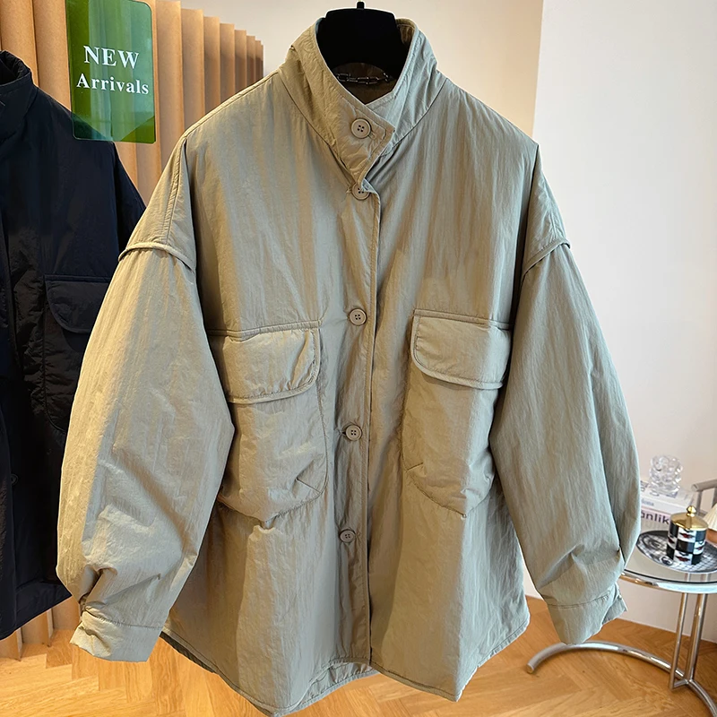 Leve feminino algodão acolchoado casaco outono inverno lapela cor sólida solta casual carga jaqueta grandes bolsos design casacos quentes