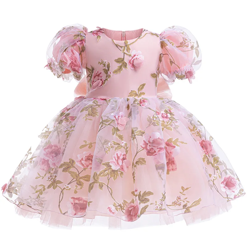 1 2 3 4 5 6 Years Rose Girls Dress Summer Mesh Fashion Bow Little Princess Baby Dress Christmas Birthday Gifts New Kids Clothes