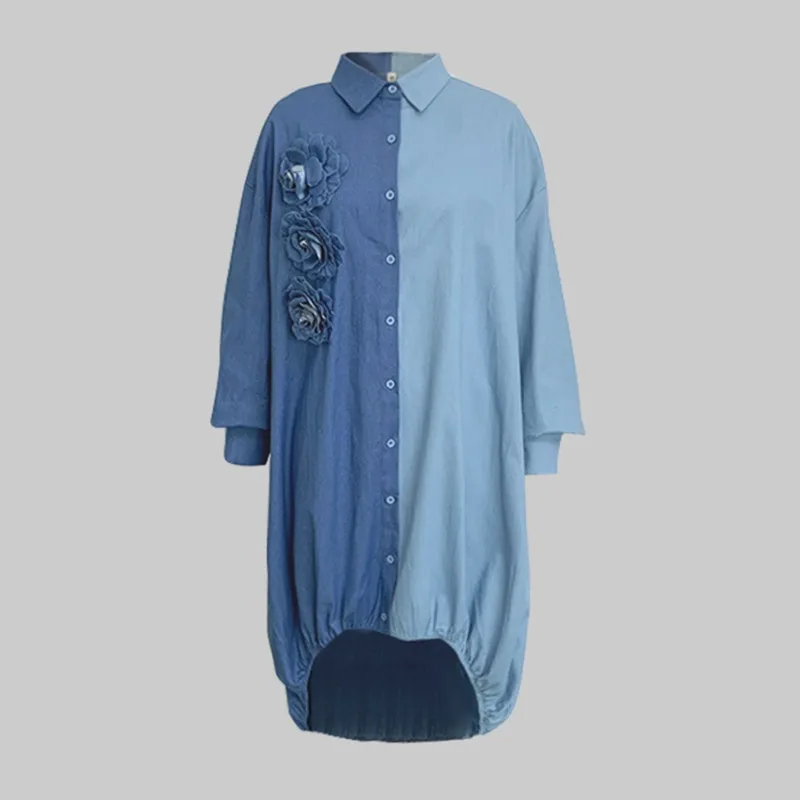 Gymystars Women Long Sleeve Loose Shirt Dress with 3D Flower Elegant Lapel Button Down Midi Dress for Casual Outing Office Wear