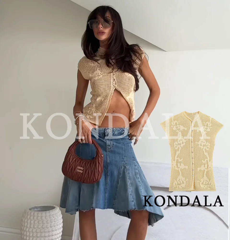 KONDALA Women Summer Elegant Hollow Knit Vest High Street Holiday Leisure Vest New 2026 Trendy Beach Party Chic Ladies Slim Vest