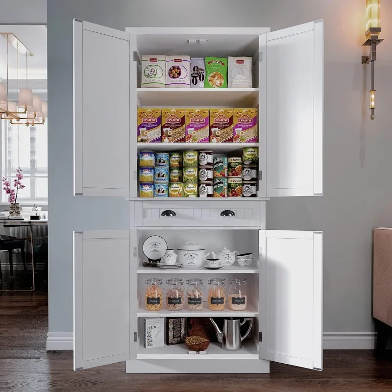 Kitchen Pantry Storage Cabinet with Drawer and Adjustable Shelves, Bathroom or Hallway, White