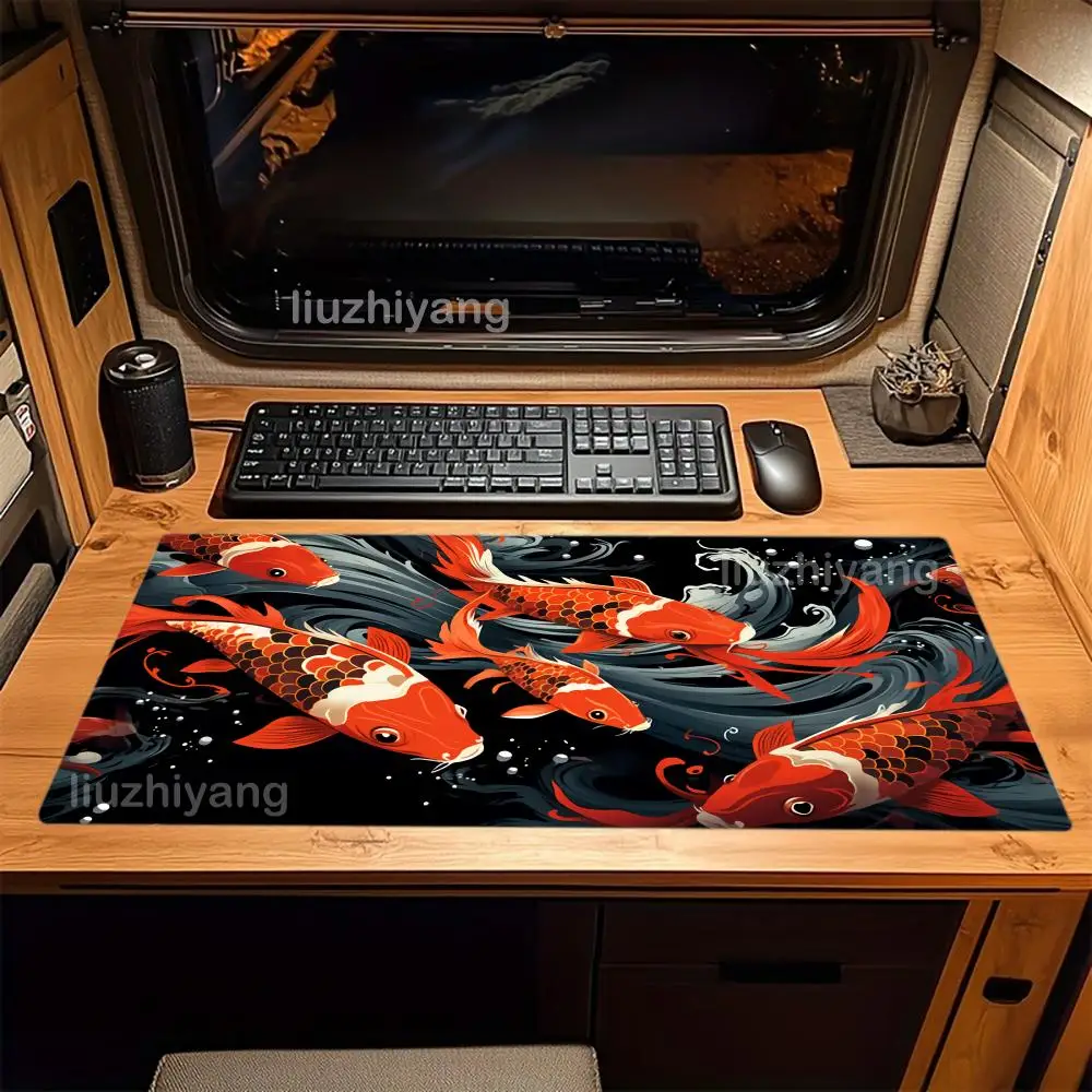 

Японский коврик для мыши Koi Fish, большой коврик для компьютерной офисной игры, настольный коврик XXL, резиновый противоскользящий коврик с прошитыми краями, коврики для клавиатуры ПК, длинные настольные коврики