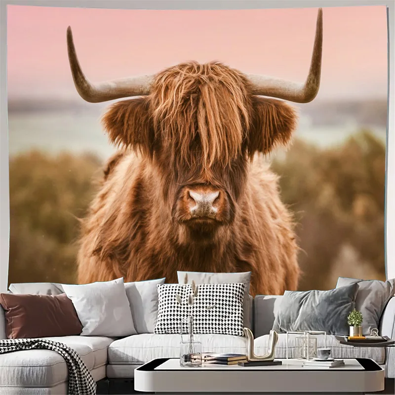 Ultra HD Highland Cow Portrait Wall Tapestry Boho Farmhouse Decor Rustic Animal Art Print Mural for Living Room Bedroom Natural