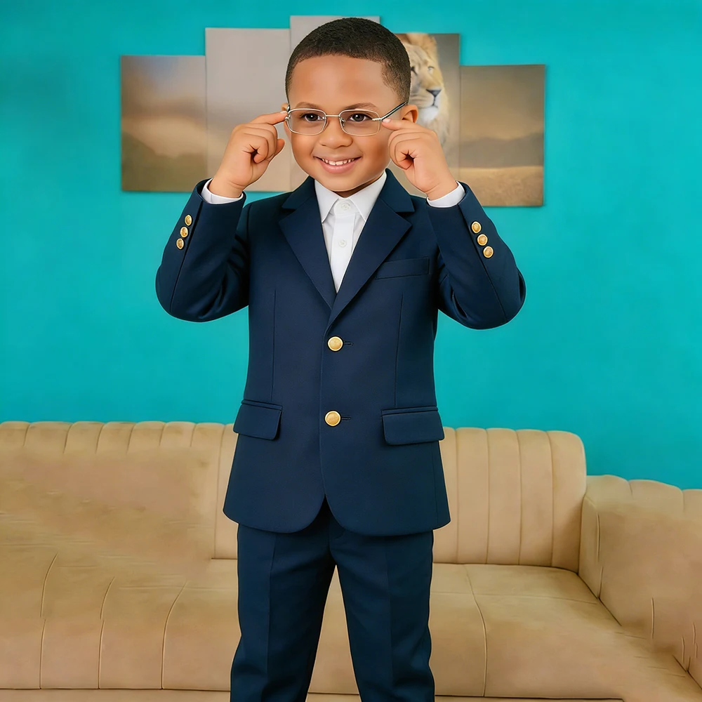 

Темно-синие костюмы для мальчиков, роскошный однобортный пиджак с лацканами сзади и подплечниками, индивидуальный пиджак из двух предметов, Pantd