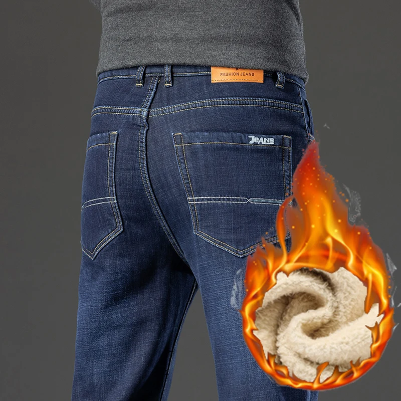 

Men's Winter Fleece Straight Jeans Thickened Warm Plush Comfortable Denim Pants Fashion Business Casual Trousers Male Clothes