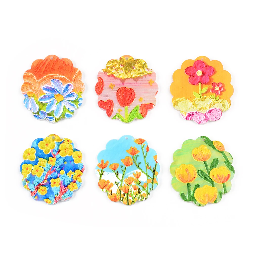 6pcs/lot Oval Acrylic Plate Bright Flowers Pendants Jewelry Accessory Handmade Connector DIY Earring Component for Girl Jewelry