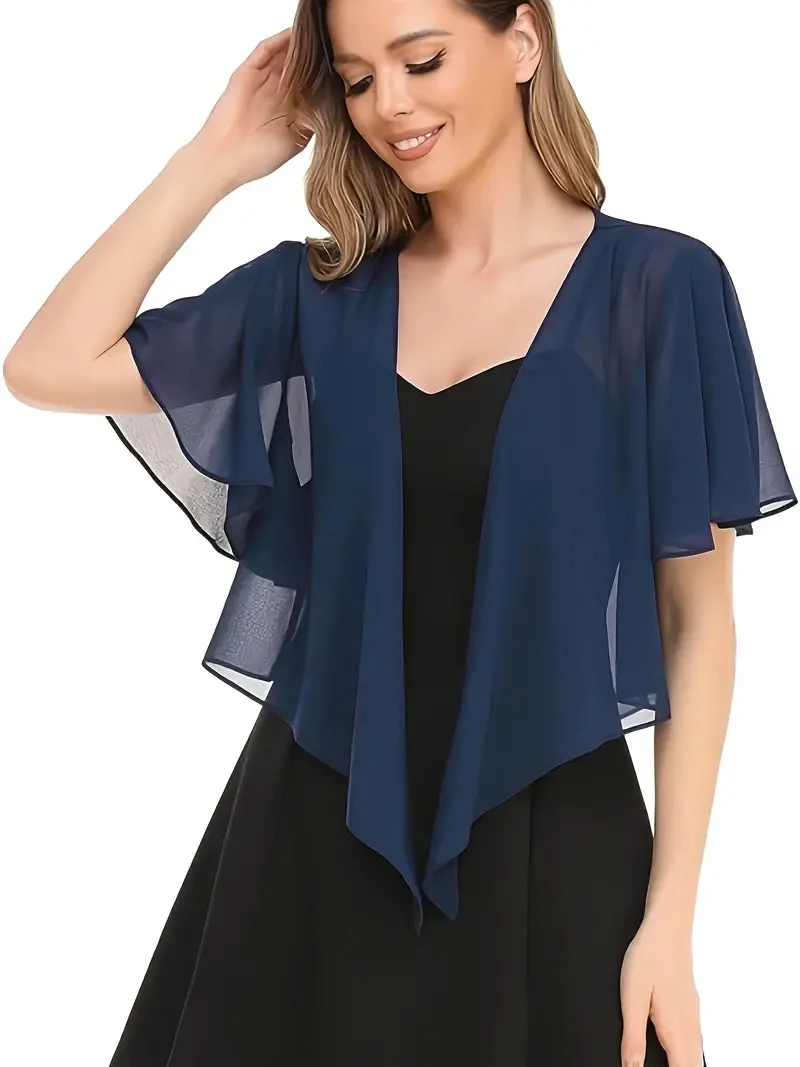 

Summer 2025 women's short top soft chiffon with a front opening transparent short-sleeved short cardigan