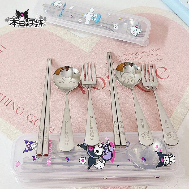 Kawaii Sanrio Tableware Suit Kuromi Cinnamoroll Cartoon Student Have A Meal Spoon Chopsticks Stainless Steel Toys For Girls