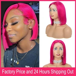Hot Pink Short Bob Human Hair Wigs 180 Density 13x4 HD Transparent Lace Frontal Wig Pre Plucked 8-14 Short Bob Lace Front Wigs