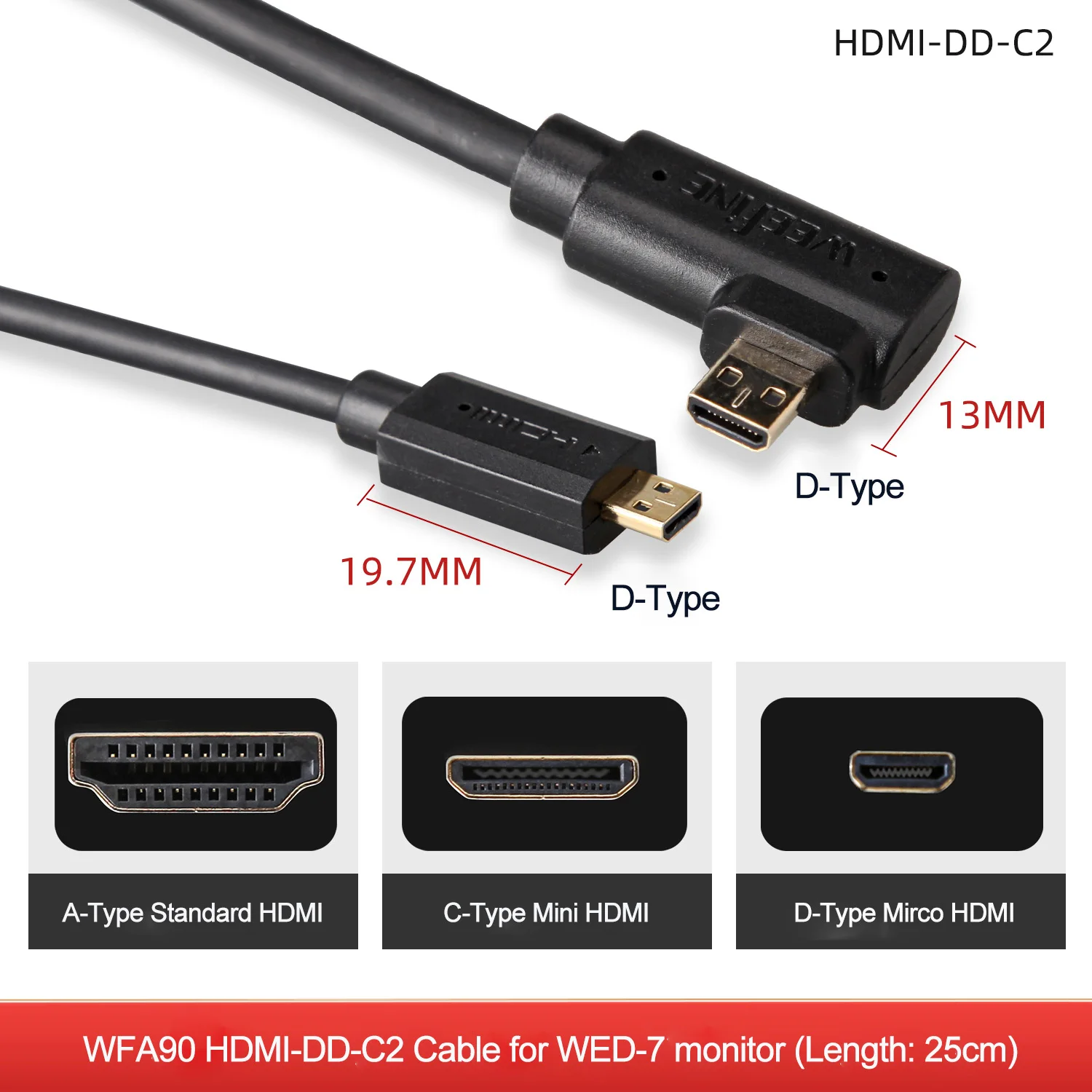 Weefine HDMI D-D D-A Cables 25cm Connection From HDMI Bulkhead To Camera for Underwater Monitor WED-7 PRO of Diving Equipment