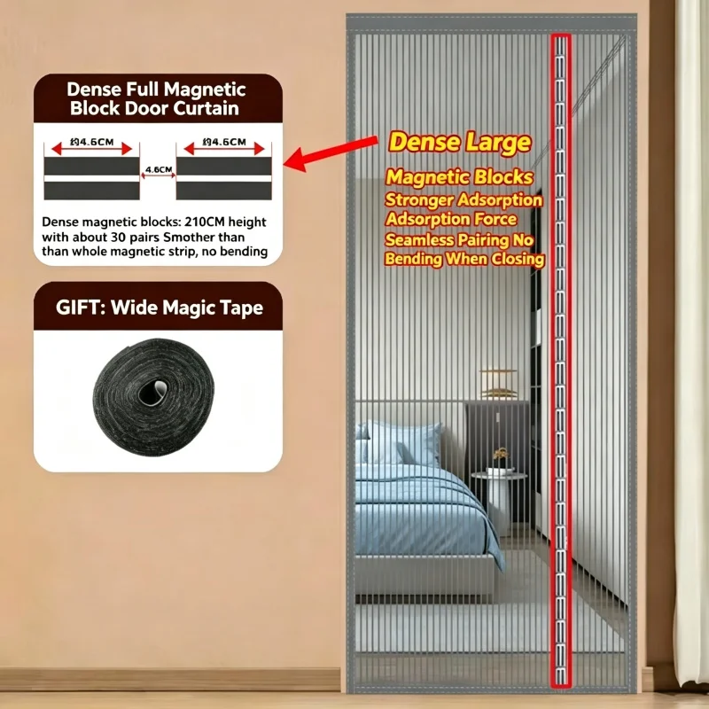 Upgraded Gray Striped Magnetic Block Side Opening Design Mosquito Proof Door Curtain, Suitable for Kitchen, Living Room, Bedroom