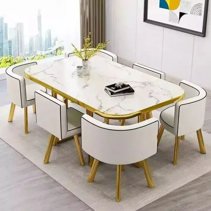 New 2024 Modern Marble Top Dining Table White Classic Dining Table Living Room With 6 Chairs Set