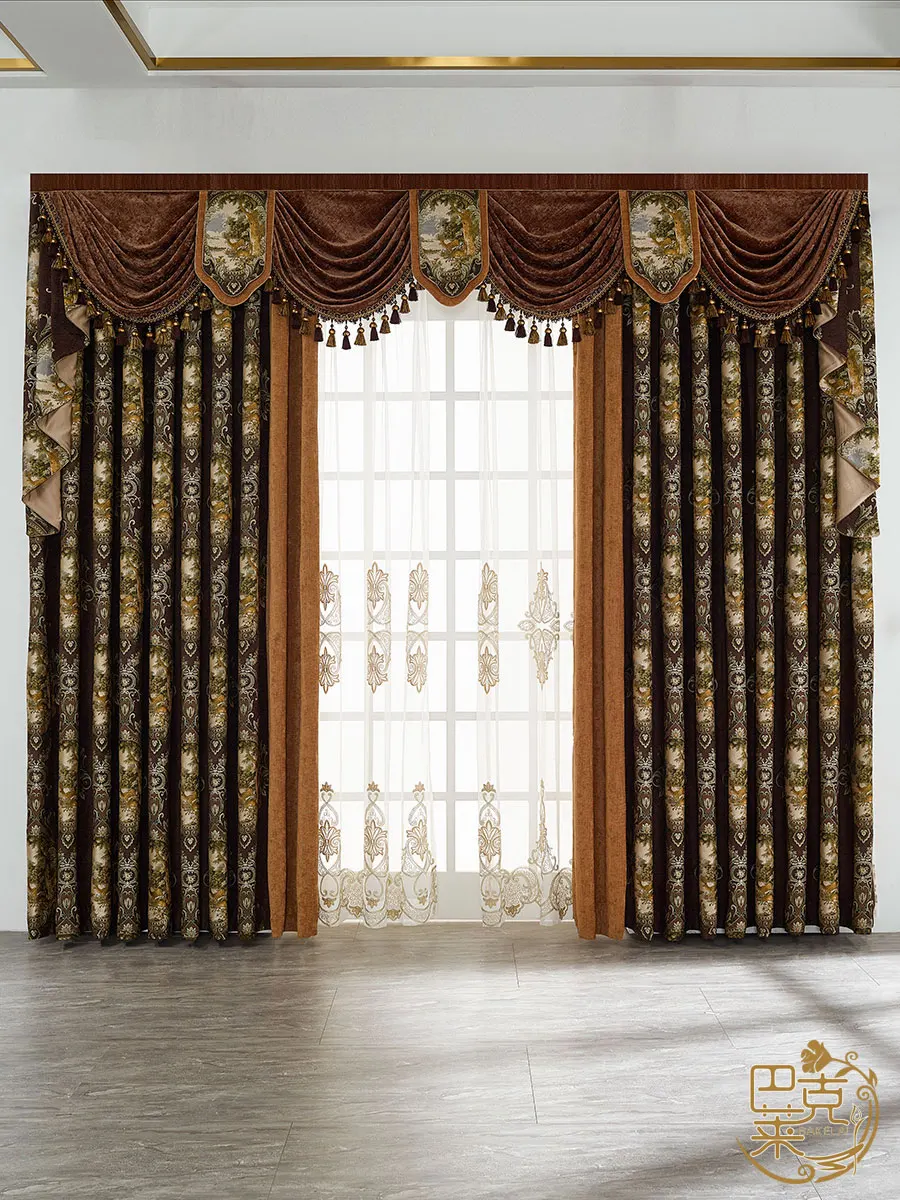 Custom curtain luxury atmosphere French bedroom high-grade Chenille coffee cloth blackout curtain tulle valance drape C1371