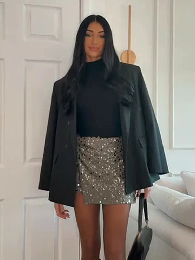 HH Women Autumn Elegant Sequined Asymmetrical Decoration Short Skirt Solid A-line Side Zipper Lining Women Slim Mini Skirts