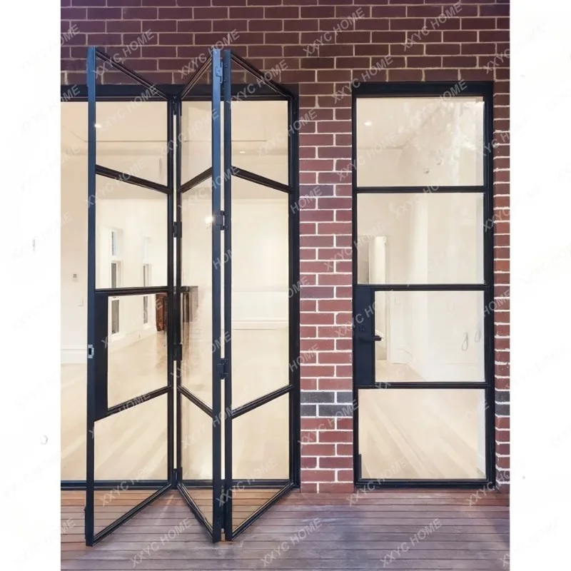 XXCustomization Black Accordion Iron Doors Patio Exterior Folding Glass Steel Door Iron Bi-fold Doors For Houses