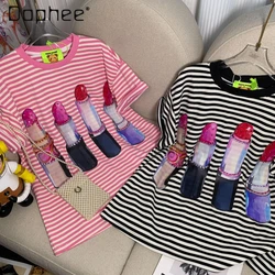 Fashion Brand Lipstick Printed Short-Sleeved T-shirt Women 2024 Spring Summer New Type Beaded Stripe Casual Crew Neck Top Female