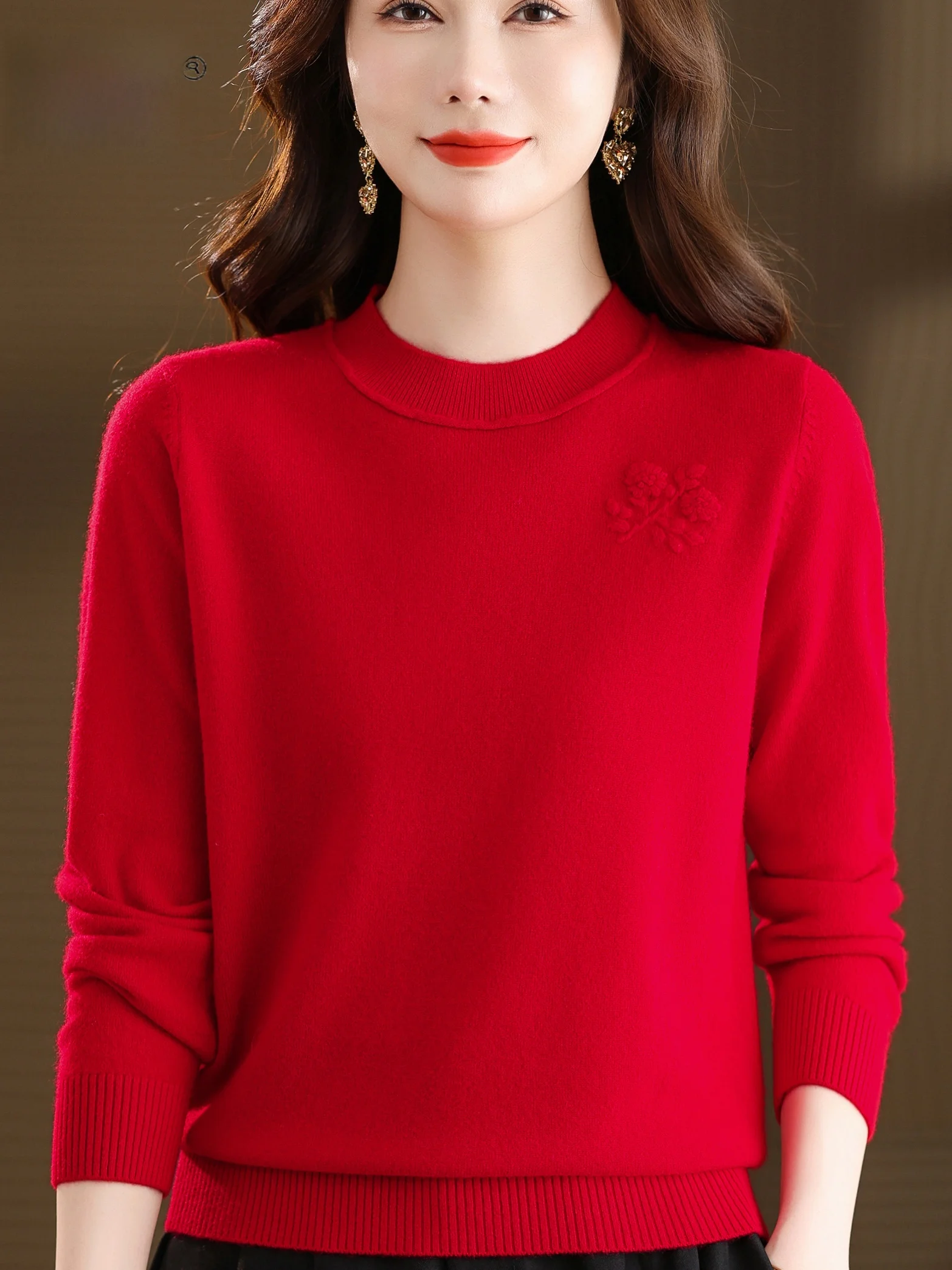 

Осень-зима, новый красный круглый вязаный свитер, женский свитер среднего возраста Mom Faion, полностью шерстяная основа, китайский Sle Warmth