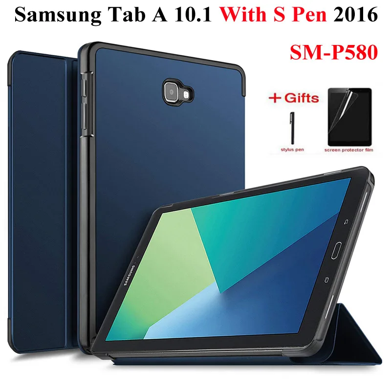 Smart PU Leather Case For Samsung Galaxy Tab A A6 With S Pen 10.1 2016 SM-P580 P585 Cover For Tab A 10.1 S Pen case+Film+Pen