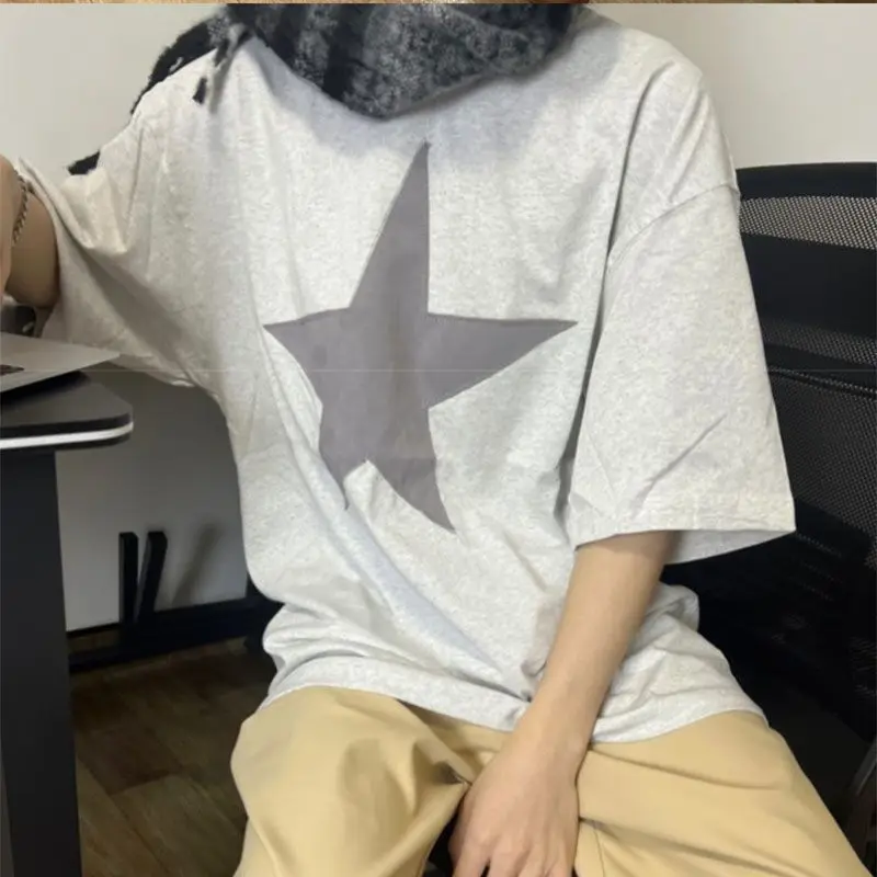 Korean new cotton five pointed star printed T shirt men and women y2k street hip hop retro trendy brand loose half sleeved top