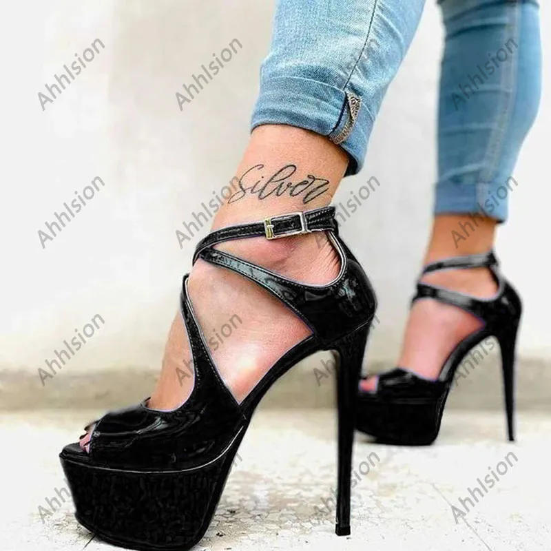 Ahhlsion Real Pictures Women Summer Sandals Sexy Thin Heels Peep Toe Gorgeous Blue Black Party Shoes Ladies US Plus Size 5-20