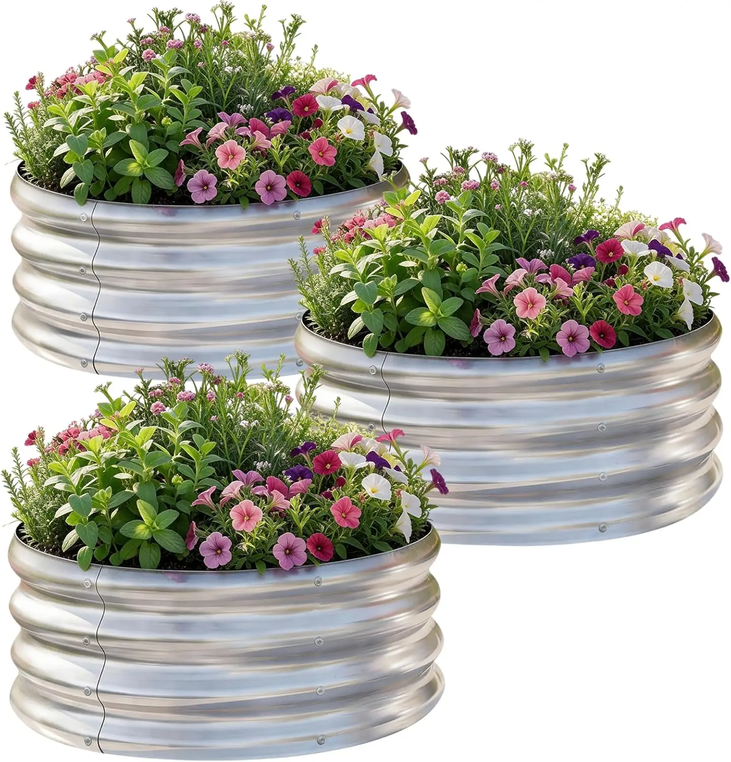 

Набор из 3 круглых оцинкованных приподнятых грядок, 2x2x1 фут, металлические кашпо для уличного выращивания фруктов, овощей, трав - серебристый