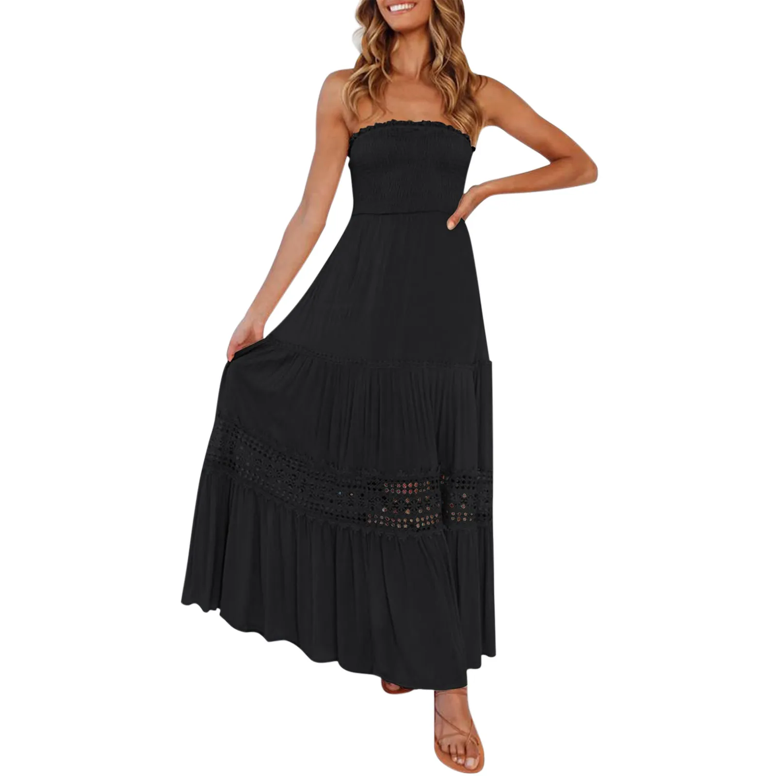 

Women Elegant Dress Gown Summer Sleeve Bohemian Strapless Off Shoulder Lace Trim Backless Flowy A Line Beach Long Maxi Dress