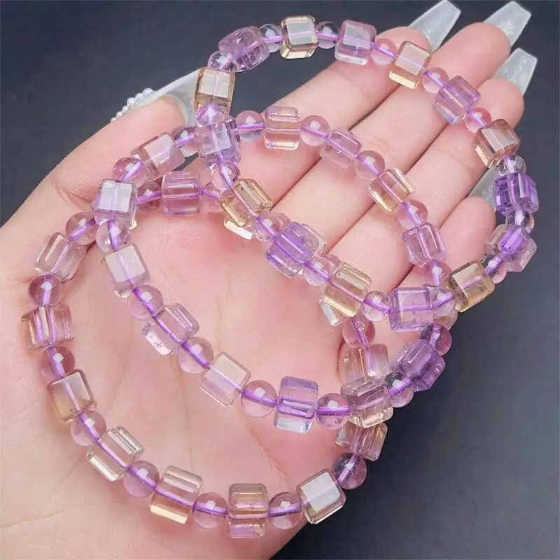 Natural Ametrine Cube Bracelet Fashion Reiki Gemstone Round Beads Jewelry Couple Holiday Gift 1PCS