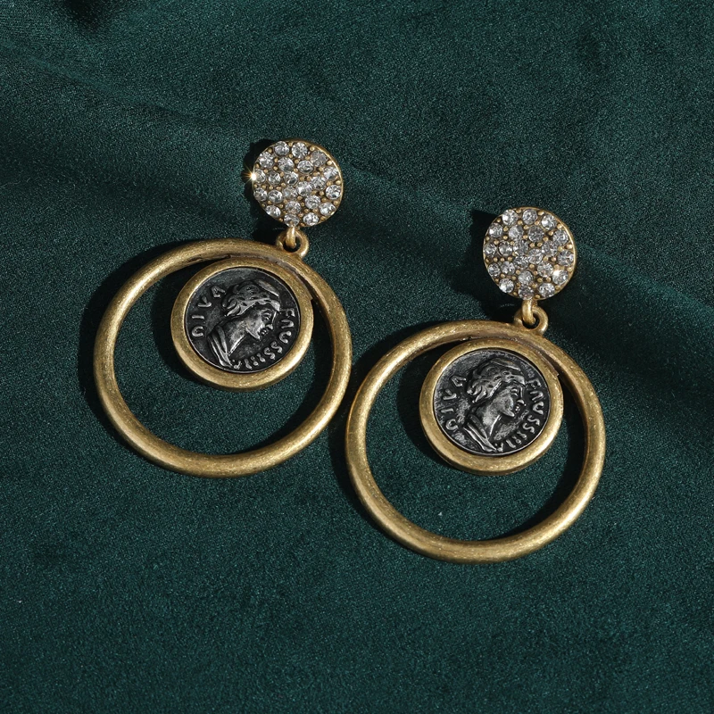 Gold Color Ancient Coins Small Circles Set Rhinestones Palace Relief Camelot Dangle Earrings Women Vintage Jewelry Accessories