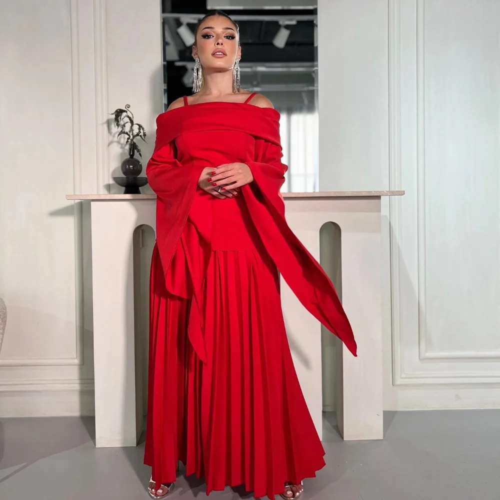 Formal Evening Dress Sexy Women 2024 فساتين السهرة  Elegant Pleat Off The Shoulder Red Long Sleeve Cocktail Party Prom Gown