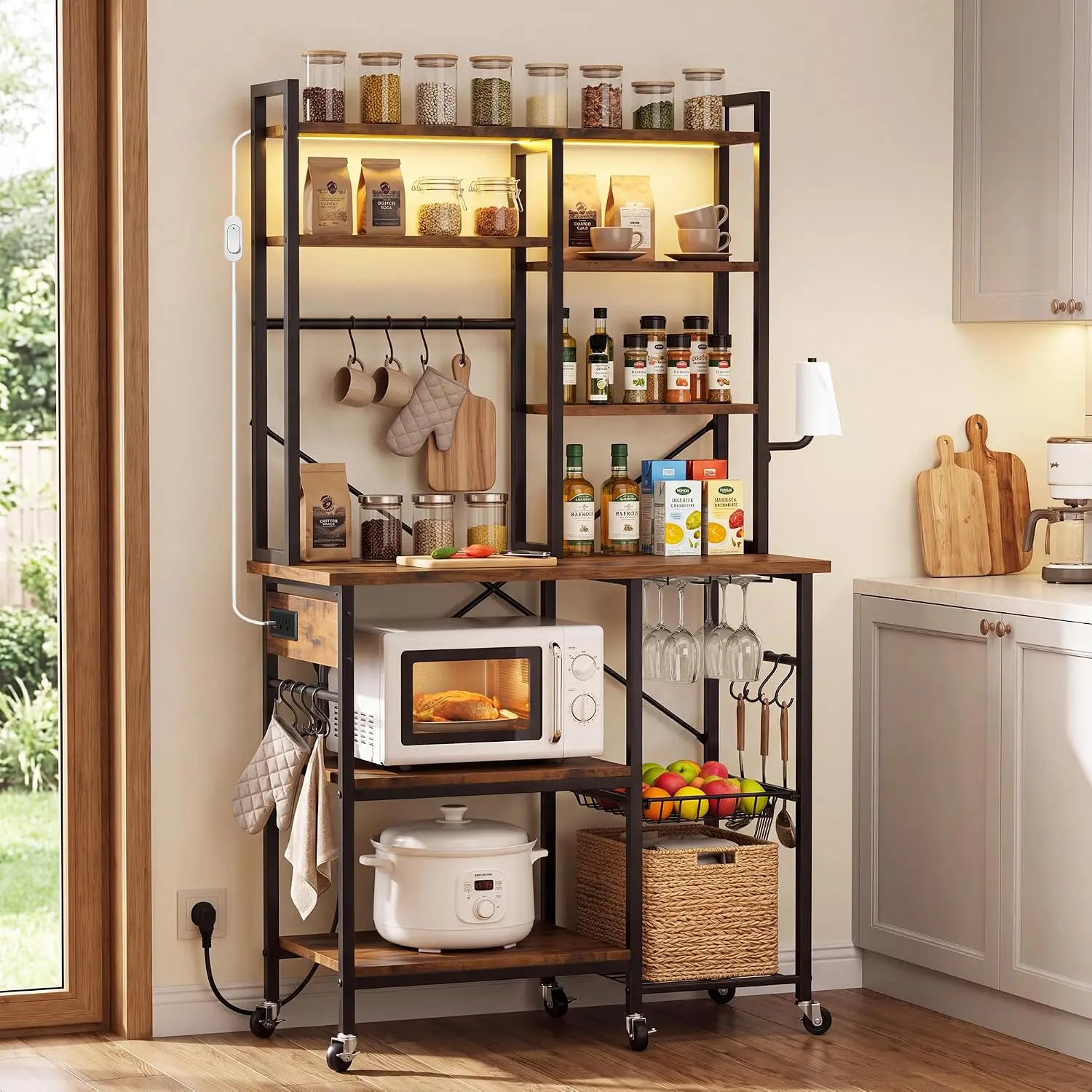 Bakers Rack with Power Outlets and LED Light, Large Capacity Coffee Bar & Microwave Stand for Small Appliances, Stable Metal