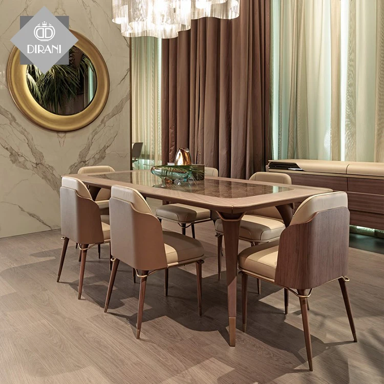 High End Travertine Marble Top Wooden Leg Dining Table Luxury Italian Furniture Solid Wood Modern Marble Dining Table