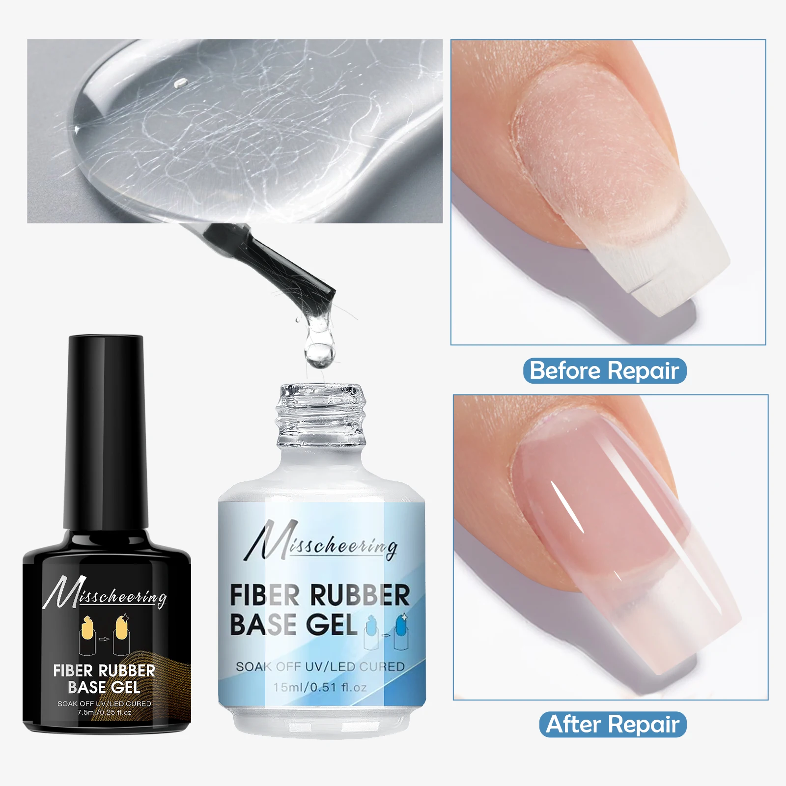 15ml Fiber Rubber Base Gel - Quick-Dry  UV/LED Compatible Clear Construction Gel for Broken Nail Repair with Soak-Off Varnish