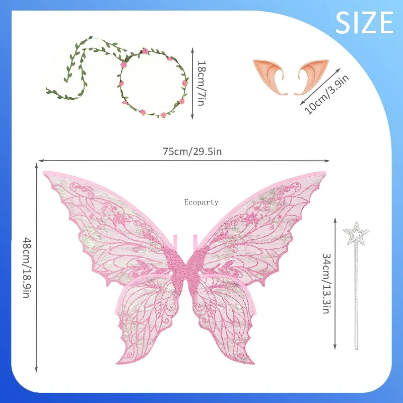 Fairy Wings voor volwassenen en meisjes, Fairy Costume Set met bloemenslinger, Fairy Hair Tinsel, Wand & Elf Ears Disfraz Mujer Party