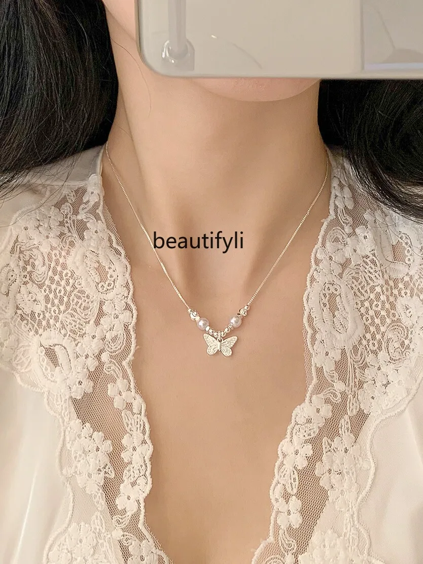 

Temperamental Minority Silver Butterfly Pearl Necklace Female Light Luxury High Sense Gentle Elegant Clavicle Necklace