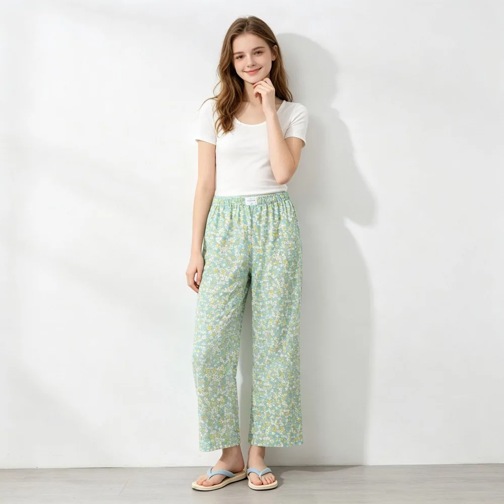 Four Seasons Pajama Pants Thin Cotton Floral Elastic Waist Home Pants Soft Sleep Trousers Homewear Comfy Nightwear Sleepwear