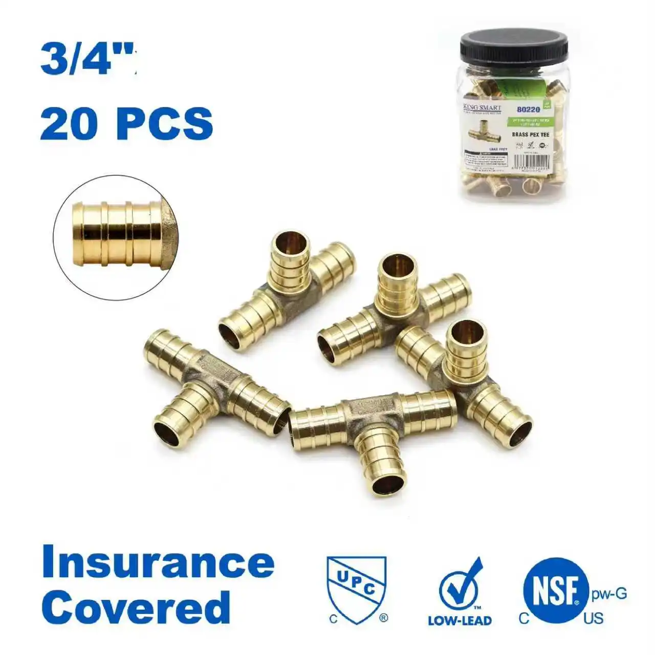 

KING SMART Crimp PEX B fitting 3/4" T; Lead Free Brass; 20Pcs/Case; 80220