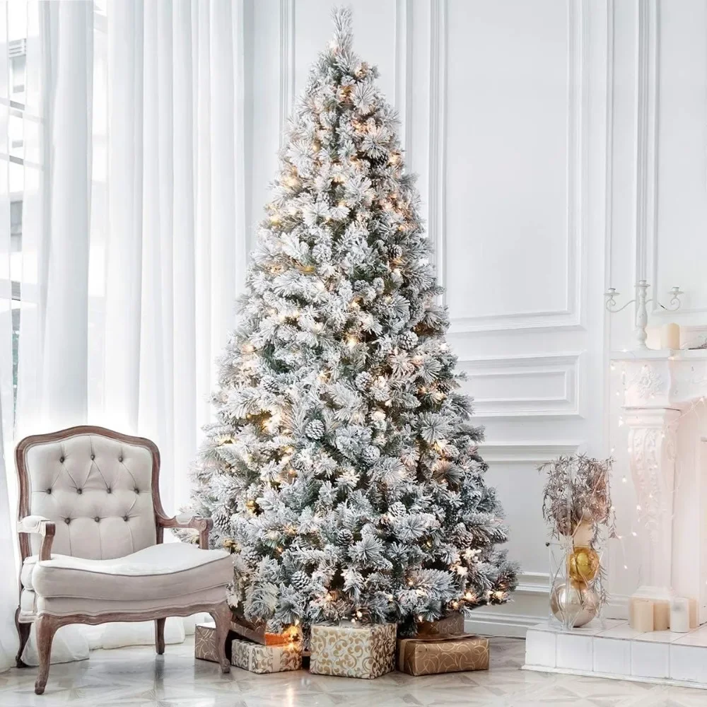 9FT Christmas Tree, Pre-lit Artificial Christmas Trees with Incandescent Warm White Lights, Snow Flocked Prelighted Xmas Tree