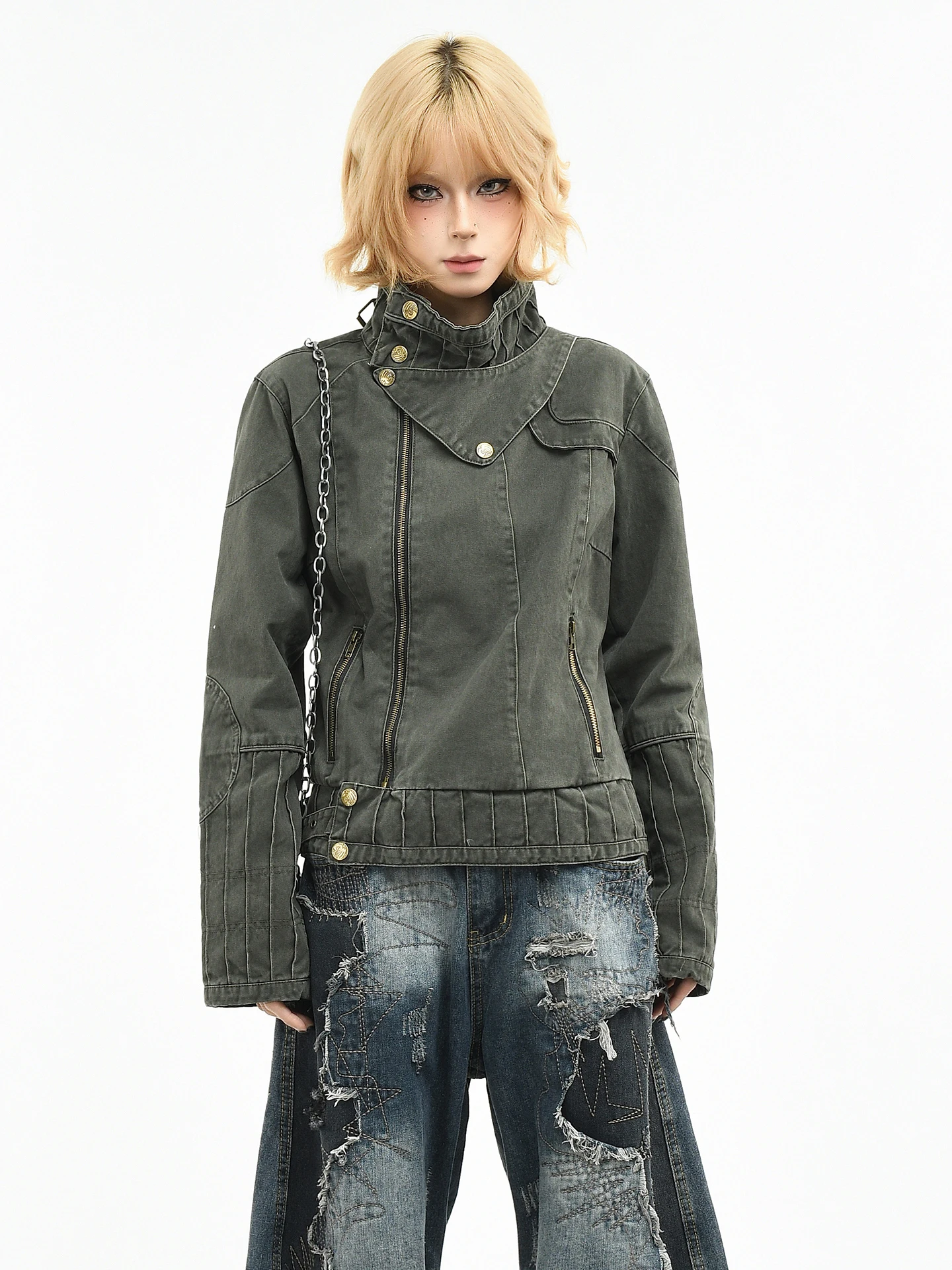 

OV Original American Punk Sle Rivet Waed Stand Collar Jaet Women's Spring ort Motorcycle Jaet Trendy Straight Tube ...