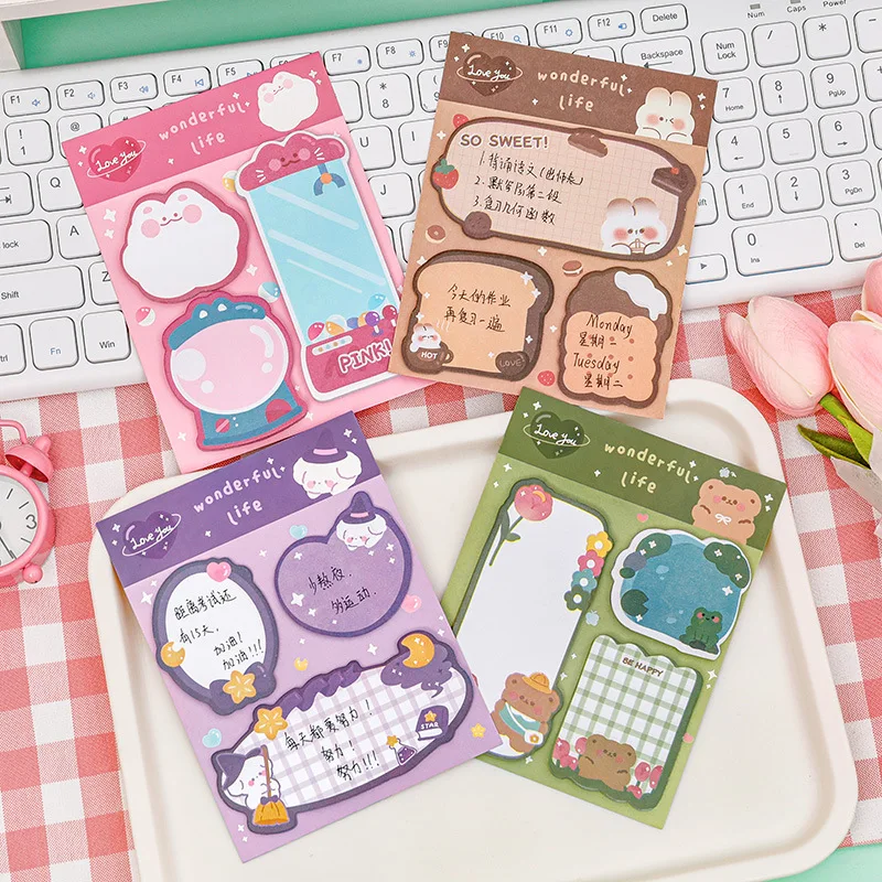 4pcs/lot Cartoon Combination Sticky Notes, Students Stationery Supplies, N-time Stickers, Notebook Notes, Cute Message Notes