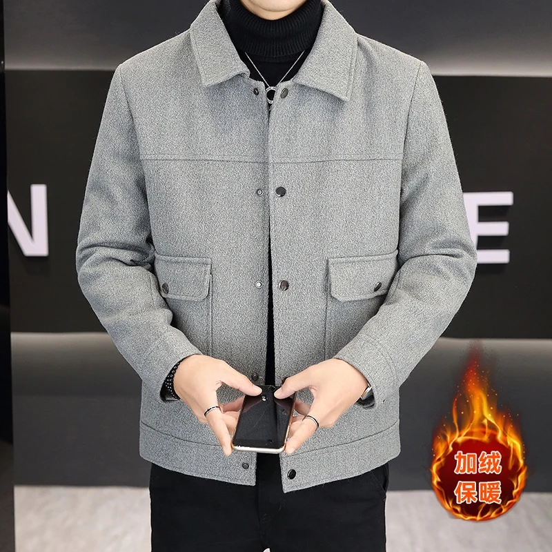 

Autumn Winter Solid Color Woolen Jacket for Men Slim Fit Long Sleeve Casual Wool Blend Jackets Social Streetwear Overcoat M-4XL