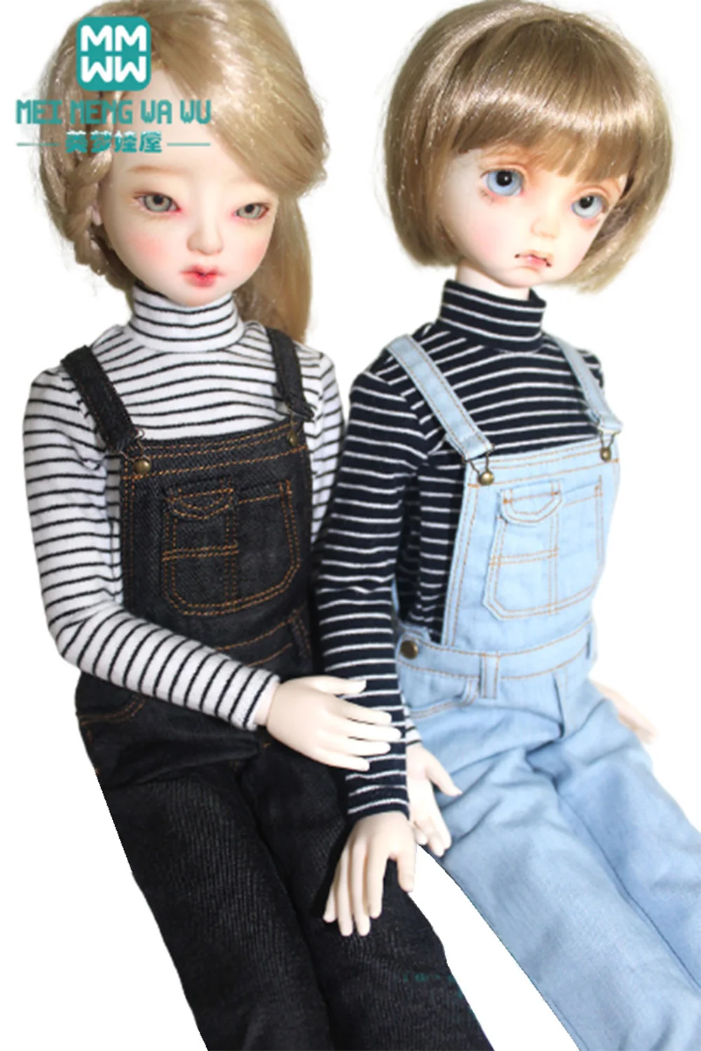 인형에 맞는 옷 43 cm 1/4 bjd 인형 패션 줄무늬 티셔츠, 스트랩 바지