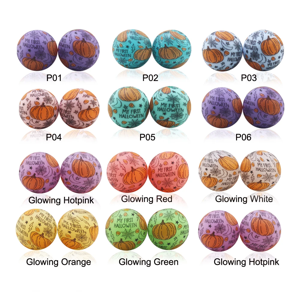 New Arrival 100Pcs Halloween Pumpkin Bat Cobweb 15MM 20MM Print Silicone Beads Colorful Pattern Silicone Beads For Keychain