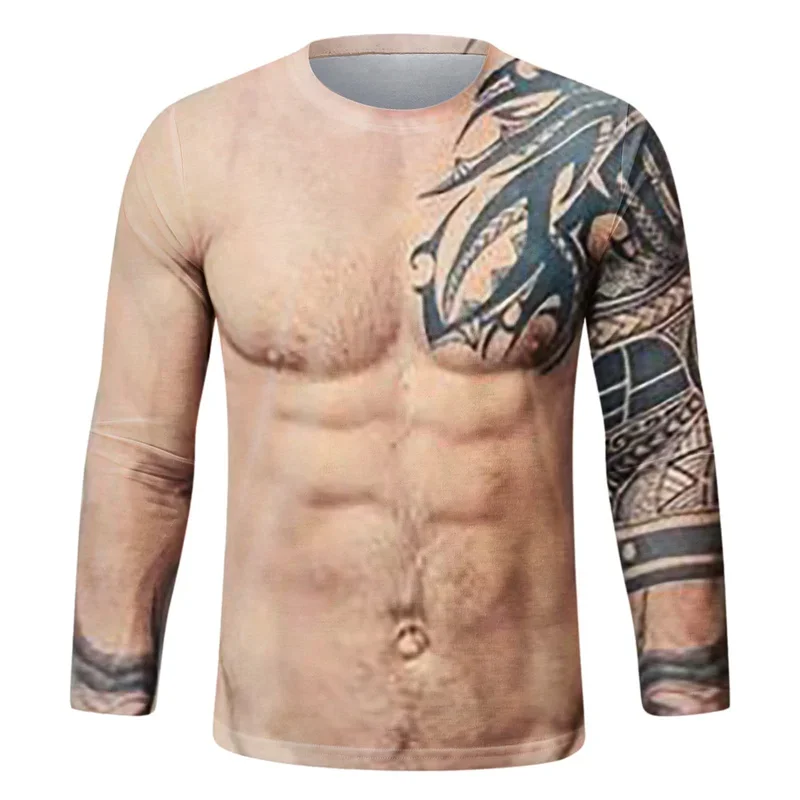 Herren-Langarm-T-Shirt mit realistischem Muskelprint, Fake-Abdomen-Body-Print, lässiger Rundhalsausschnitt, lustiges, originelles Party-Halloween-Cosplay-Oberteil – Detail 4