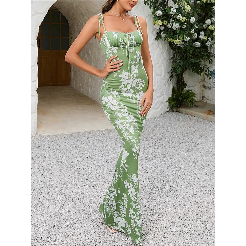 A83F - Letnia sukienka maxi damska w kwiaty, obcisła, na ramiączkach spaghetti, bez rękawów, w stylu bohemy.