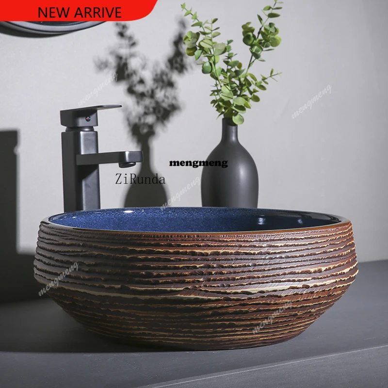 

Balcony Wash Your Hand Bathroom Cabinet Ceramic Washbasin Toilet Wash Table Household Vintage Round Pool