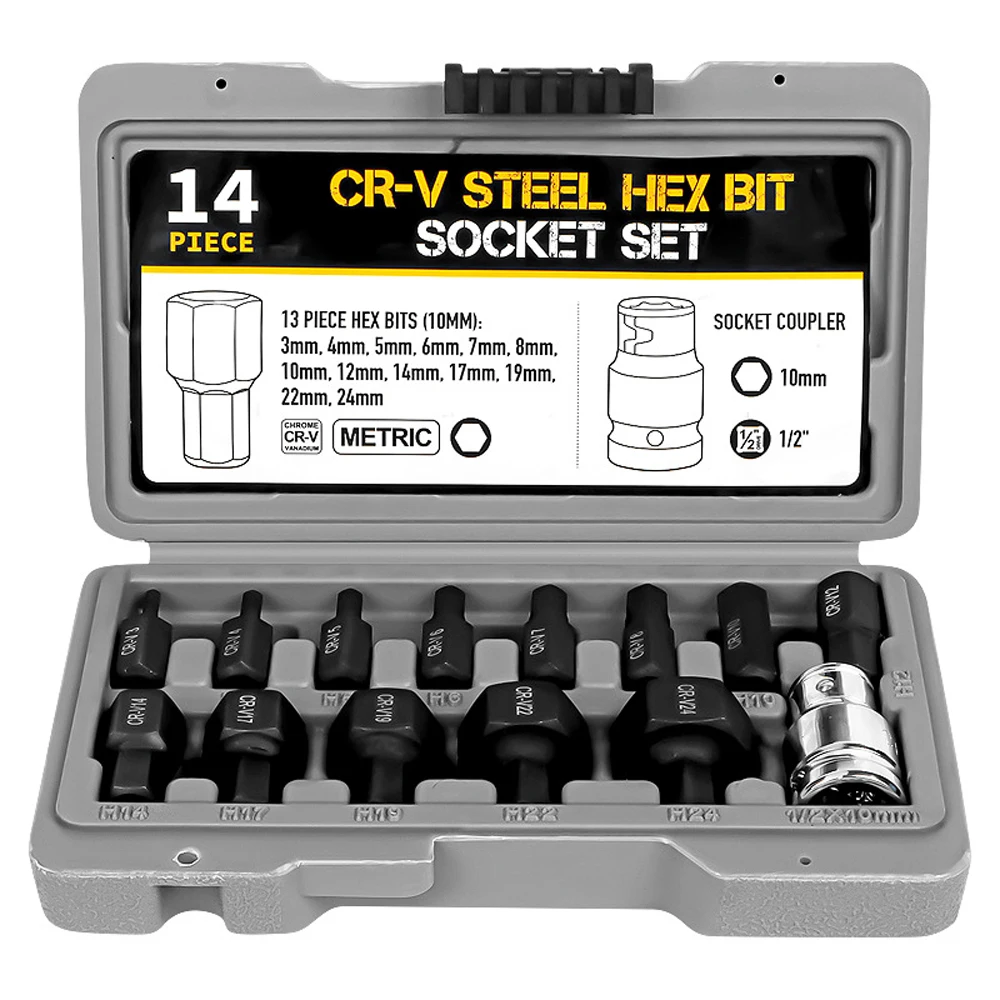 14pcs 1/2in Hex Bit Socket Set Electric Wrench Ratchet Wrench Hex Bits Accessory Car Repairing Machine Maintenance Tools Kit